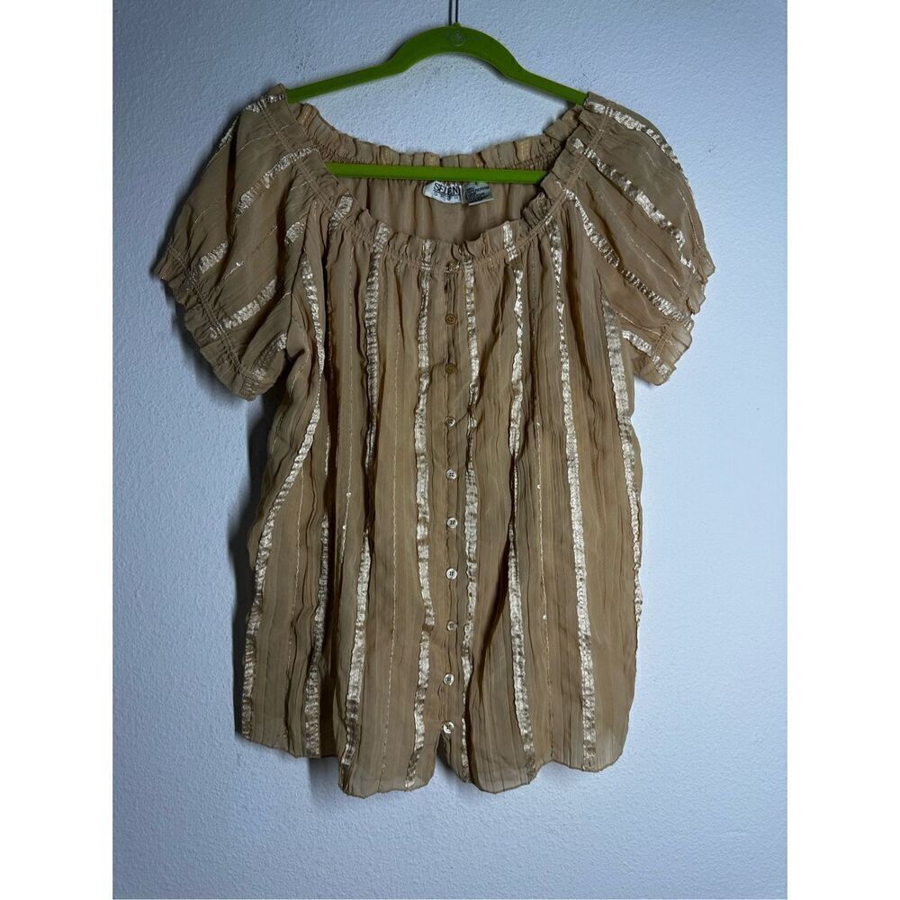 Vintage Selene Sport Bohemian Top Tan Sequins Open Neck Short Sleeve Size L